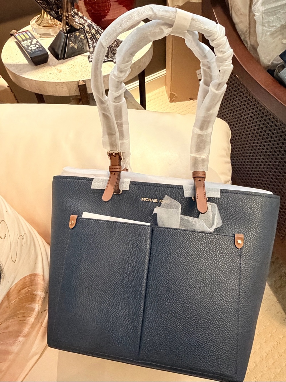 Michael Kors Navy Pebbled Leather Tote with Tan Handles